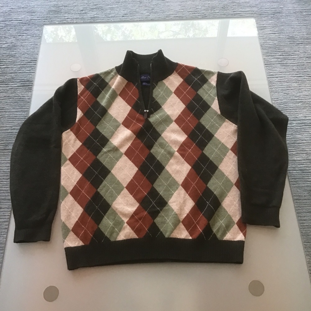 Alan Flusser Mens 100% Cashmere Argyle Quarter Zip Sweater Olive Green Orange L